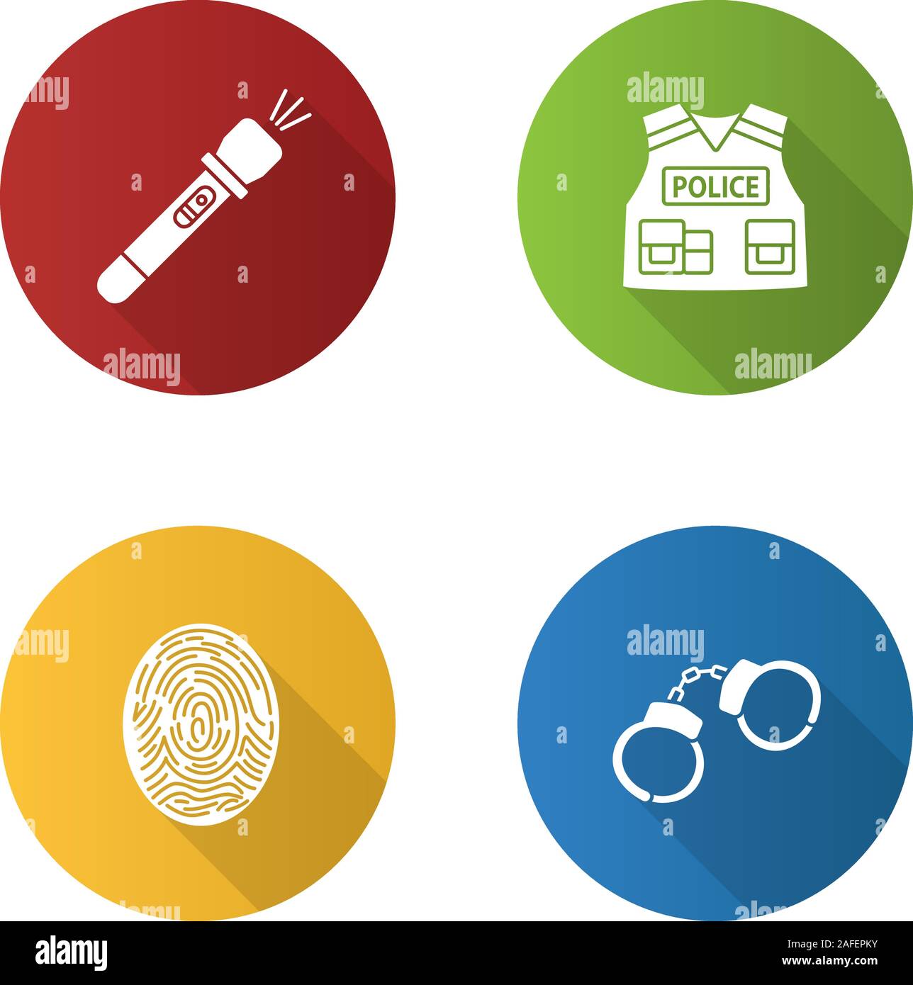Police flat design long shadow glyph icons set. Flashlight, bulletproof ...