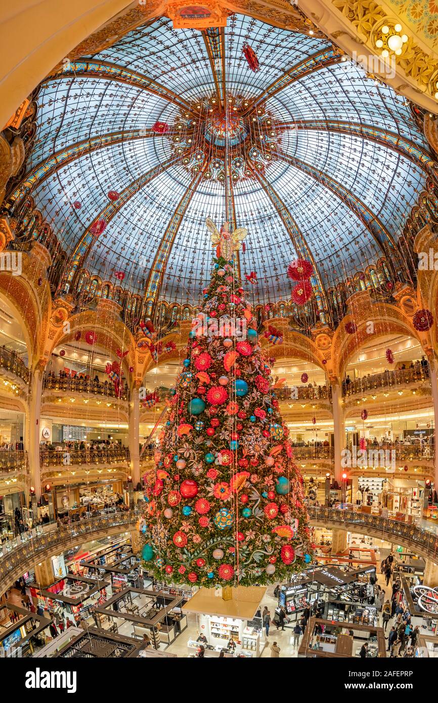 Paris, France - December 15, 2019: Massive Christmas tree