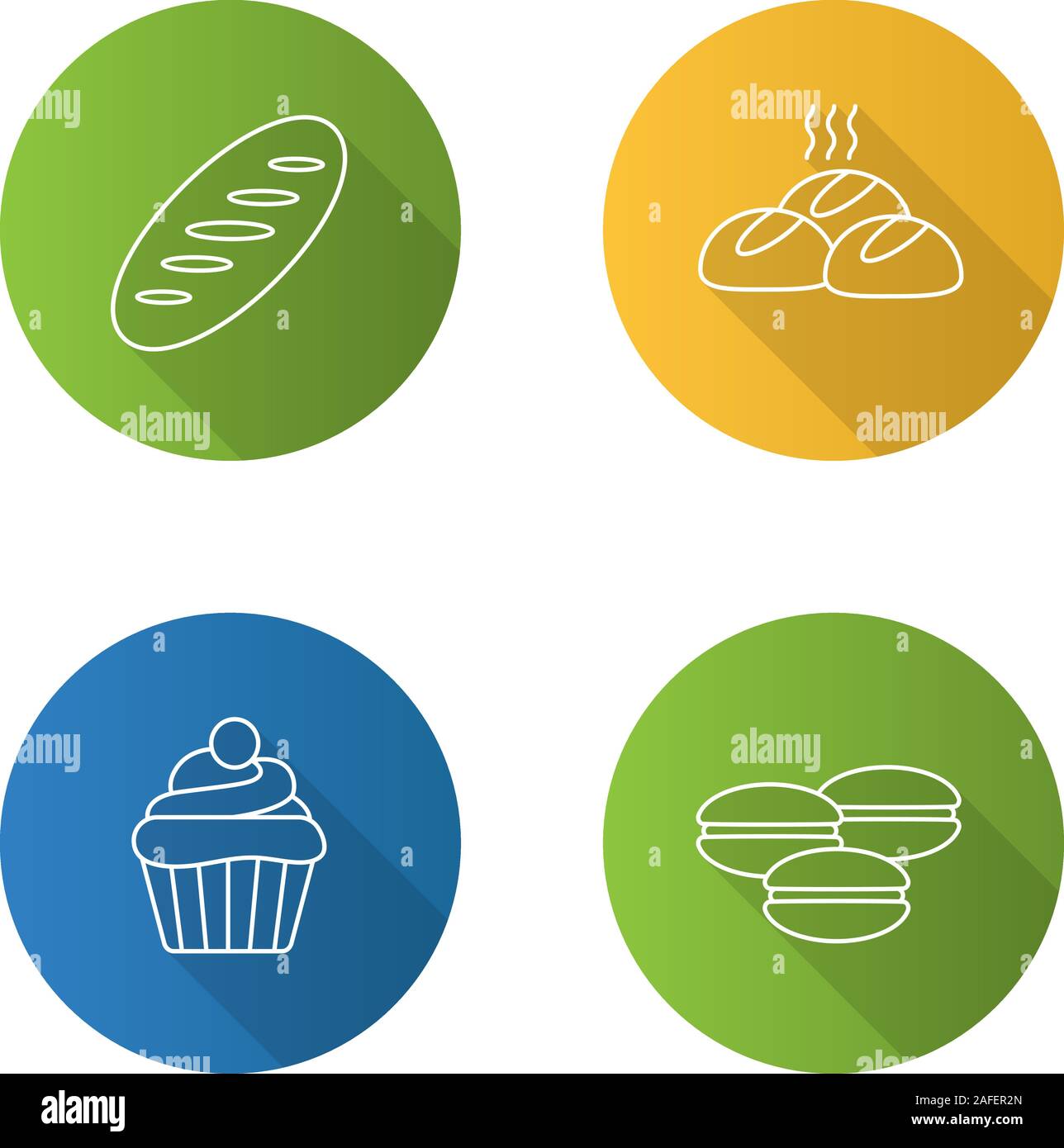 Bakery flat linear long shadow icons set. Bread loaf, dinner rolls, cupcake, macarons. Vector outline illustration Stock Vector