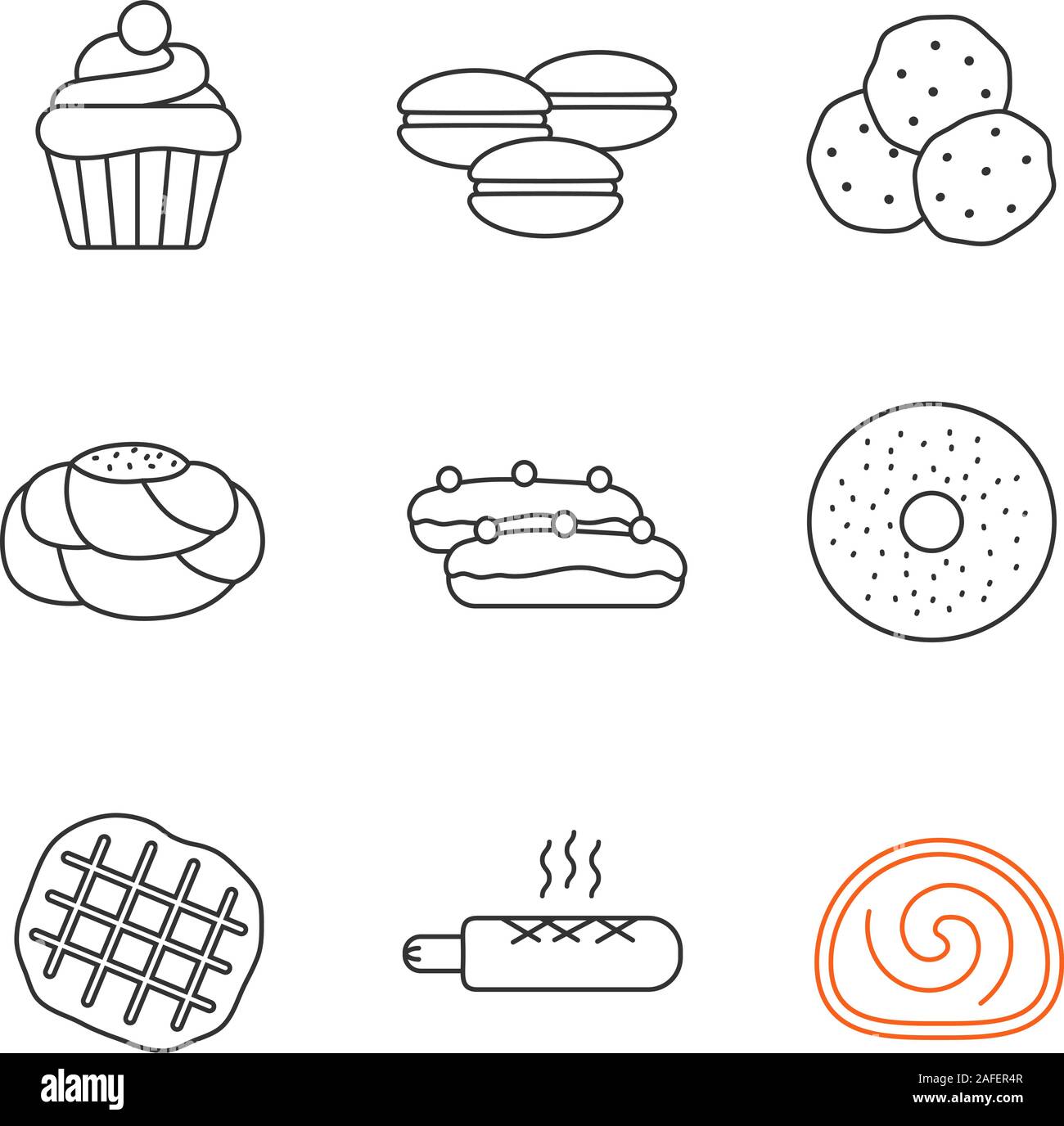 Bakery linear icons set. Cupcake, macarons, chocolate chips, pastry bread, eclair, bagel, belgian waffle, french hot dog, swiss roll. Thin line contou Stock Vector