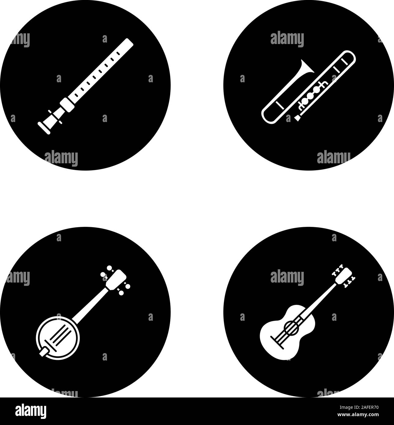 Musical instruments glyph icons set. Duduk, guitar, banjo, trombone. Vector white silhouettes illustrations in black circles Stock Vector