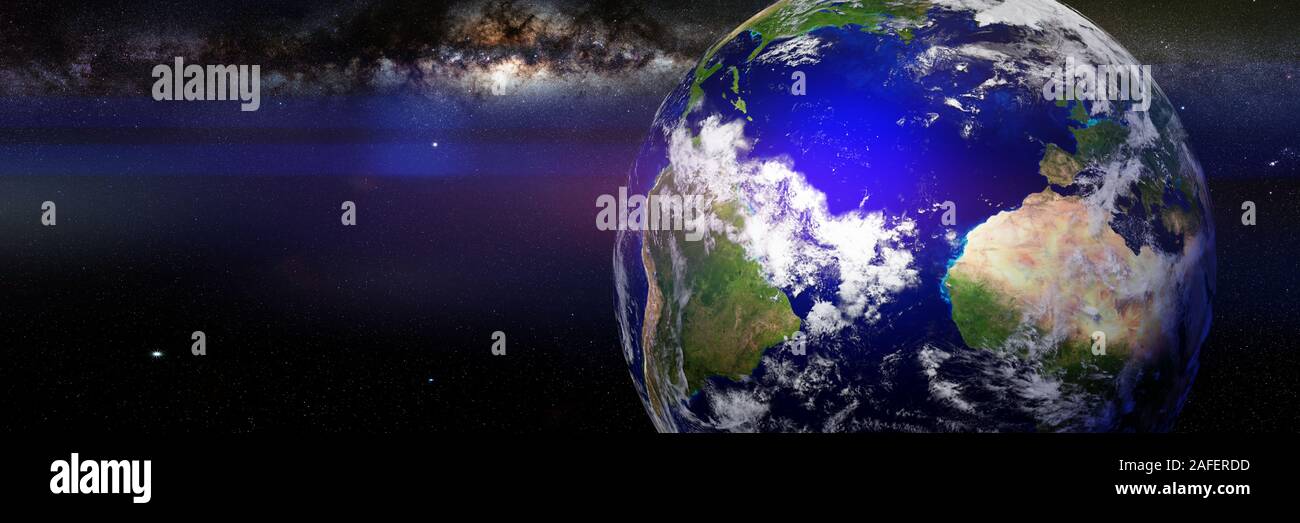 planet Earth, the blue planet and the Milky Way galaxy Stock Photo