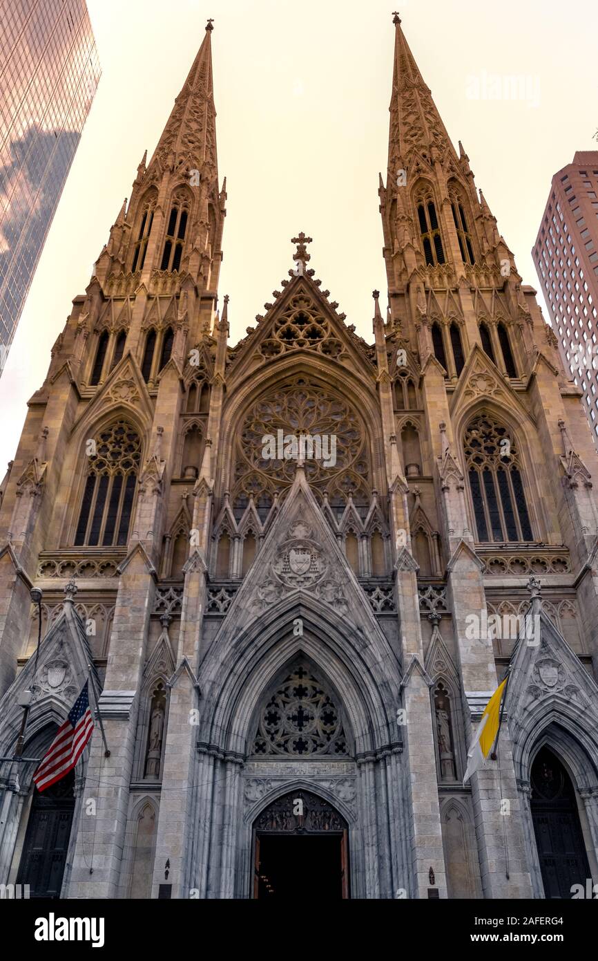 St. Patrick's Cathedral facade at Sunset. Manhattan, New York City. United States. Stock Photo