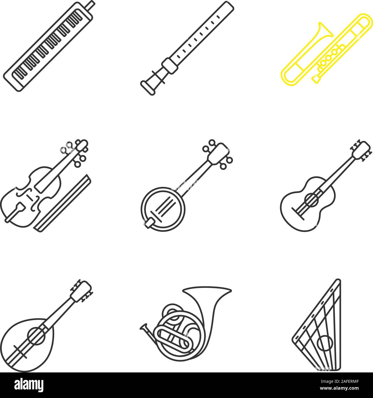 Musical instruments linear icons set. Melodica, duduk, trombone, viola