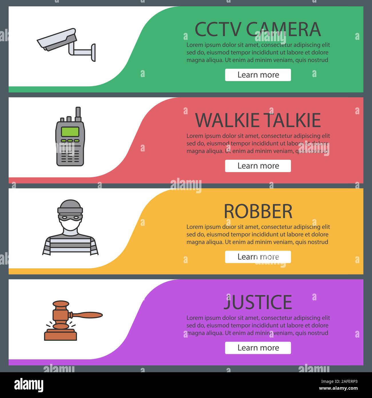 Police web banner templates set. Surveillance camera, walkie talkie