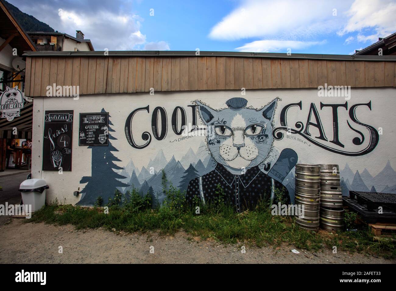 Wall painting of a cat at a Chamonix restaurant, France Stock Photo