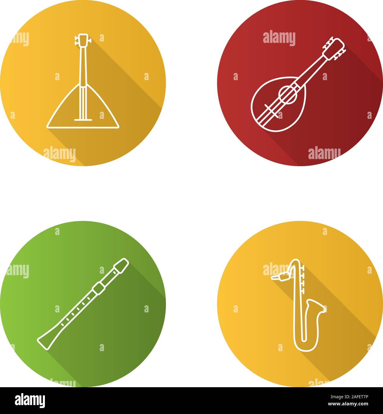 Musical instruments flat linear long shadow icons set. Balalaika, mandolin, saxophone, flute. Vector outline illustration Stock Vector