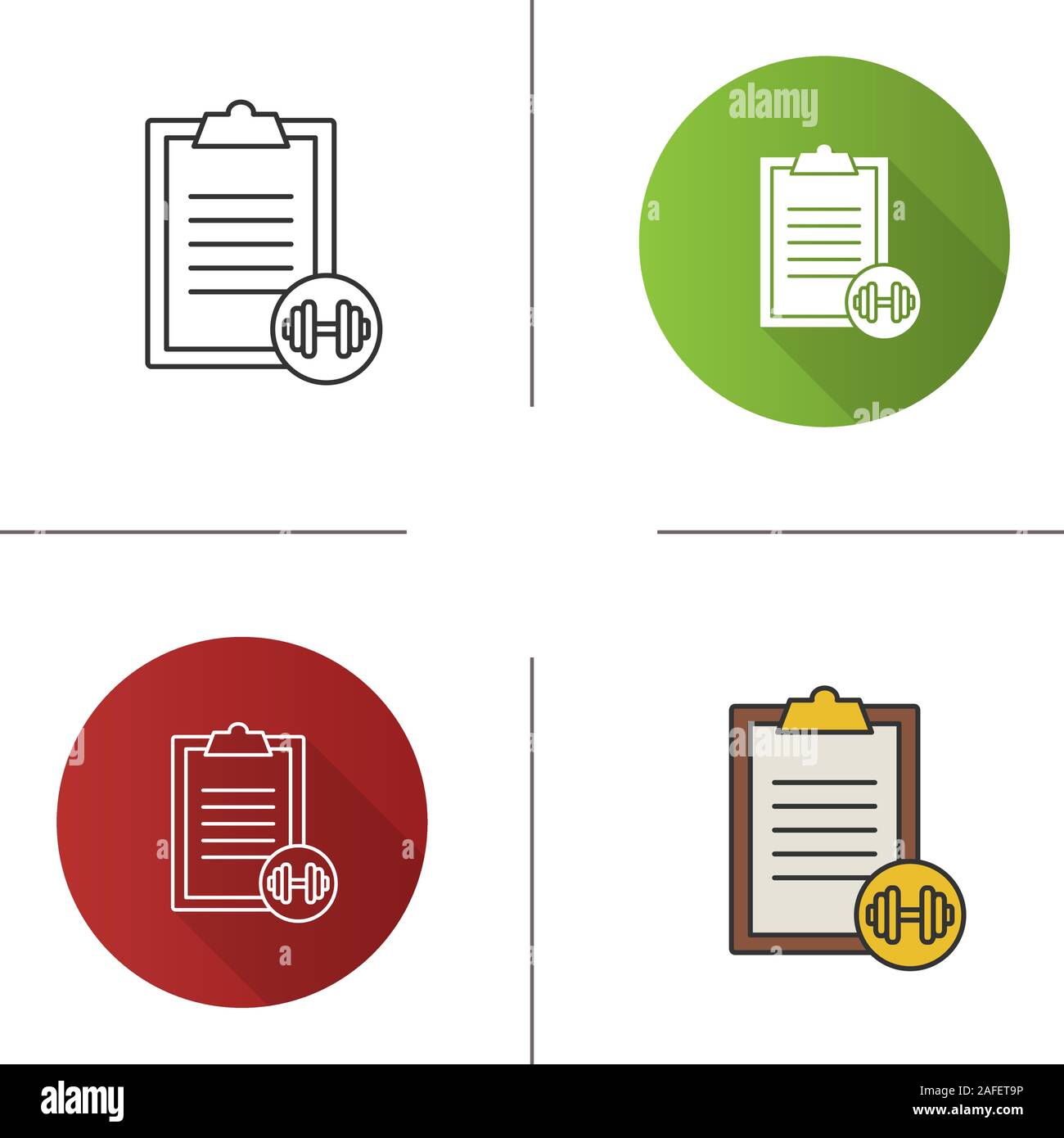 Barbell exercise guide icon. Flat design, linear and color styles. Personal training notes. Isolated vector illustrations Stock Vector