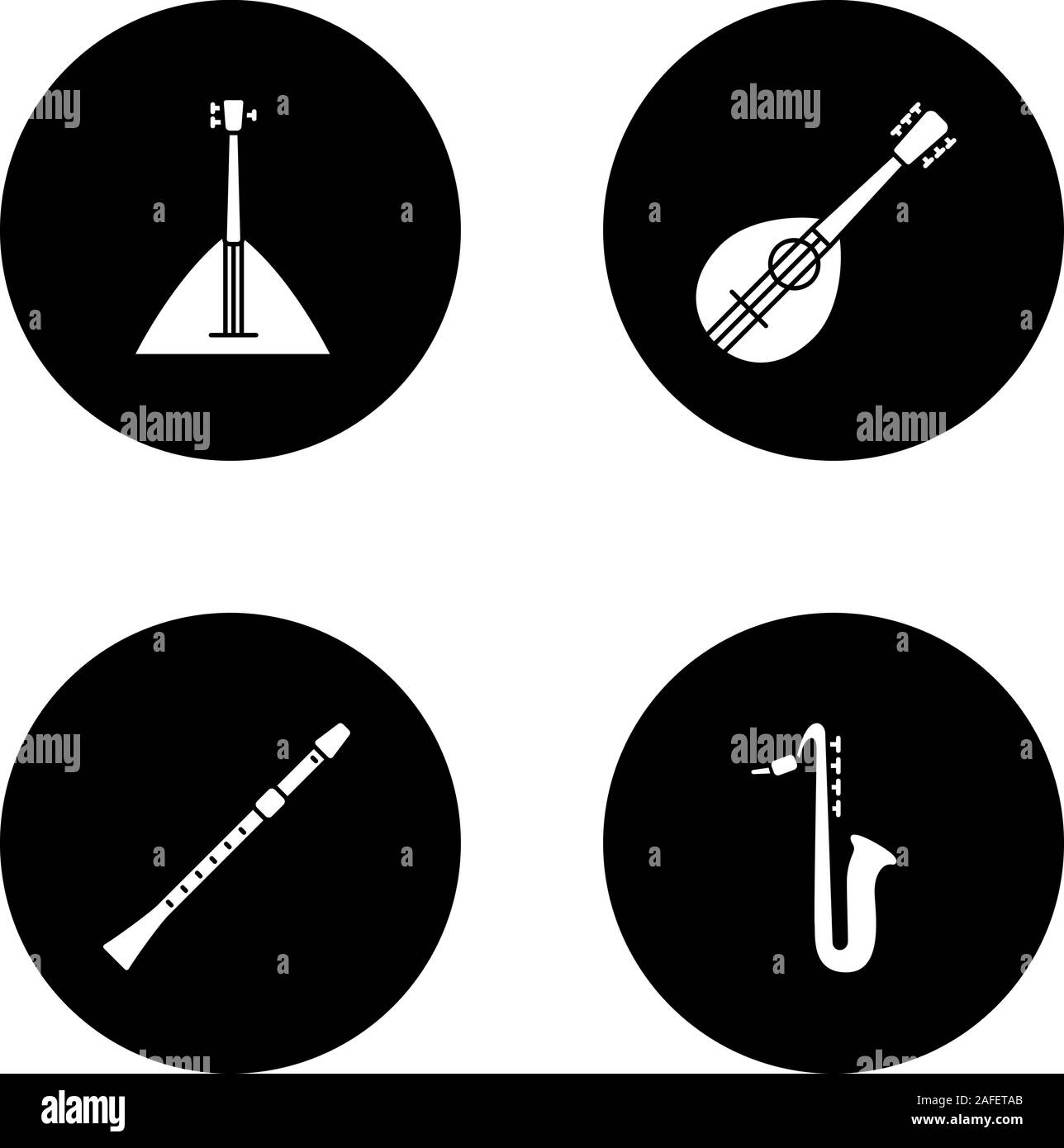 Musical instruments glyph icons set. Balalaika, mandolin, saxophone, flute. Vector white silhouettes illustrations in black circles Stock Vector