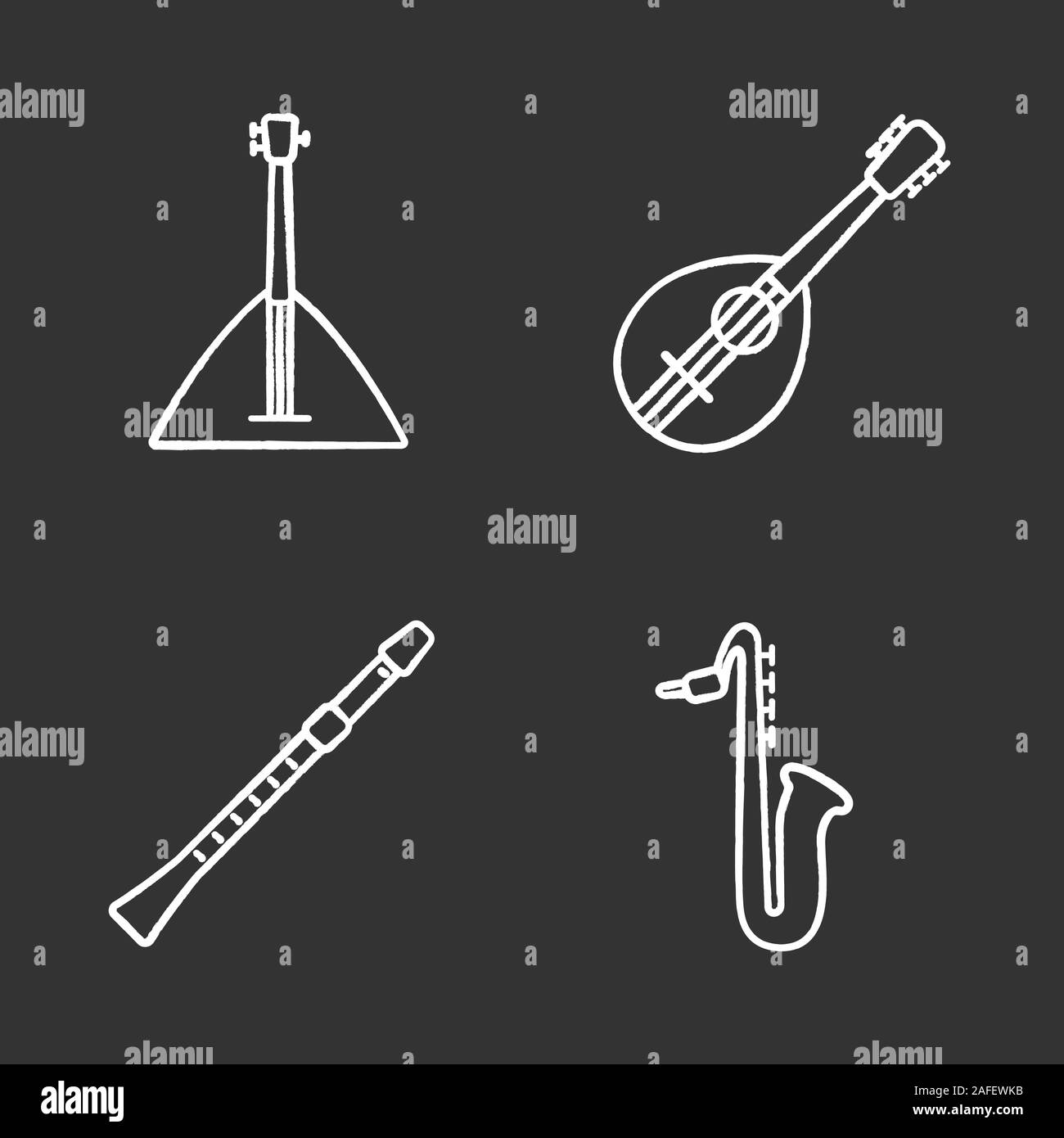 Musical instruments chalk icons set. Balalaika, mandolin, saxophone, flute. Isolated vector chalkboard illustrations Stock Vector