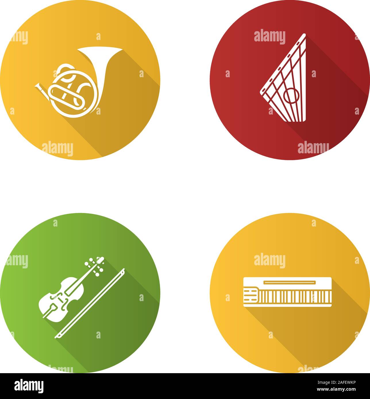 Musical instruments flat design long shadow glyph icons set. French ...