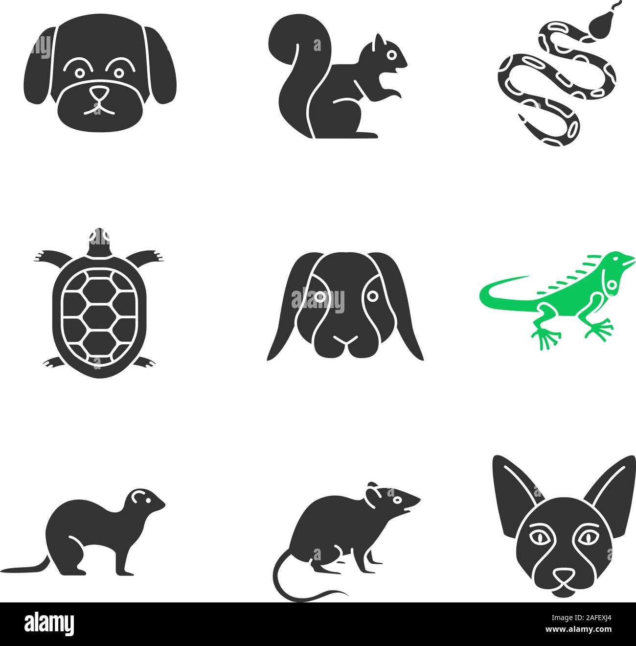 Pets glyph icons set. Maltese dog, squirrel, python, tortoise, rabbit, iguana, ferret, mouse, Canadian Sphynx. Silhouette symbols. Vector isolated ill Stock Vector