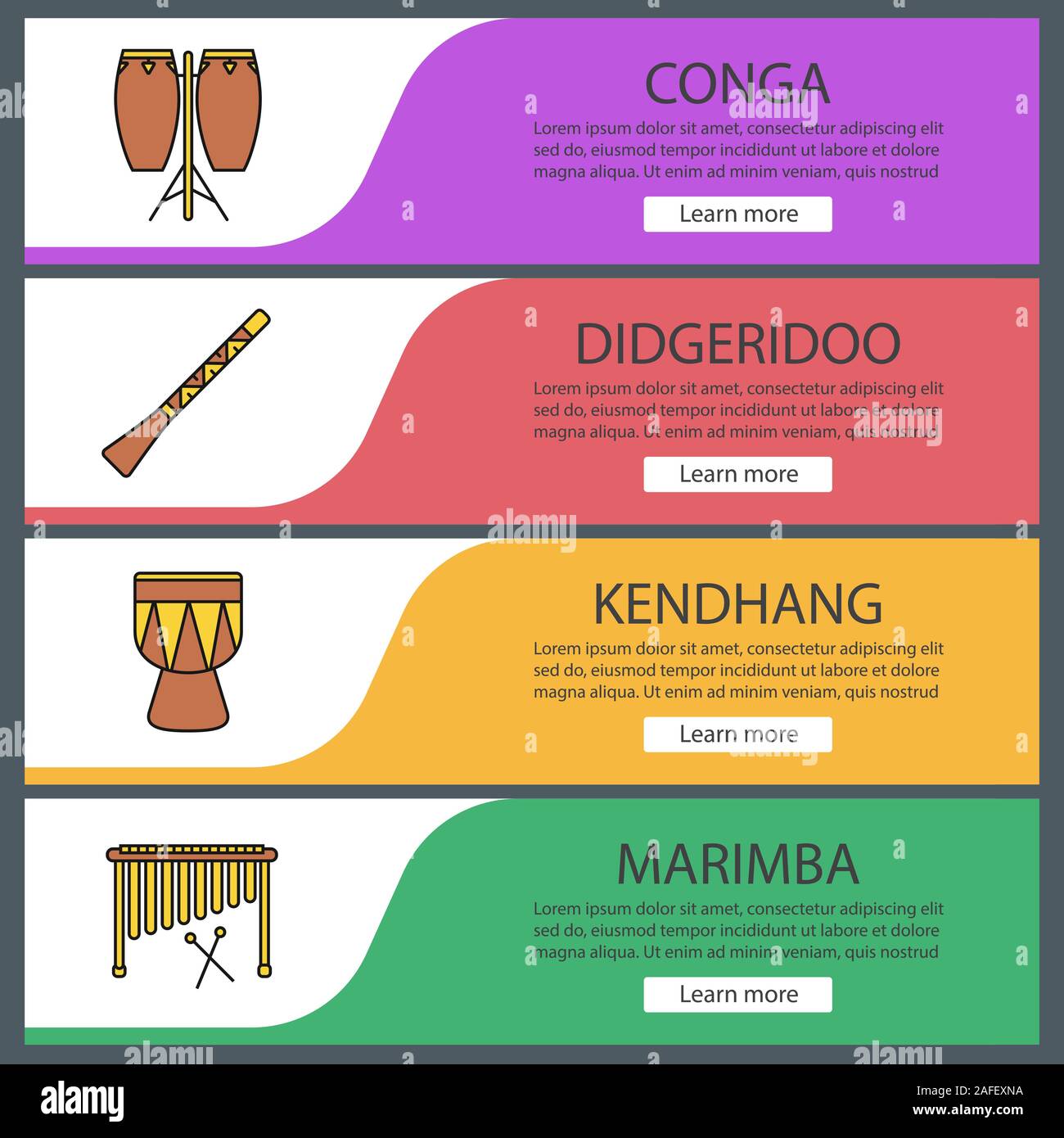 Musical instruments web banner templates set. Conga, didgeridoo, kendhang, marimba. Website color menu items. Vector headers design concepts Stock Vector