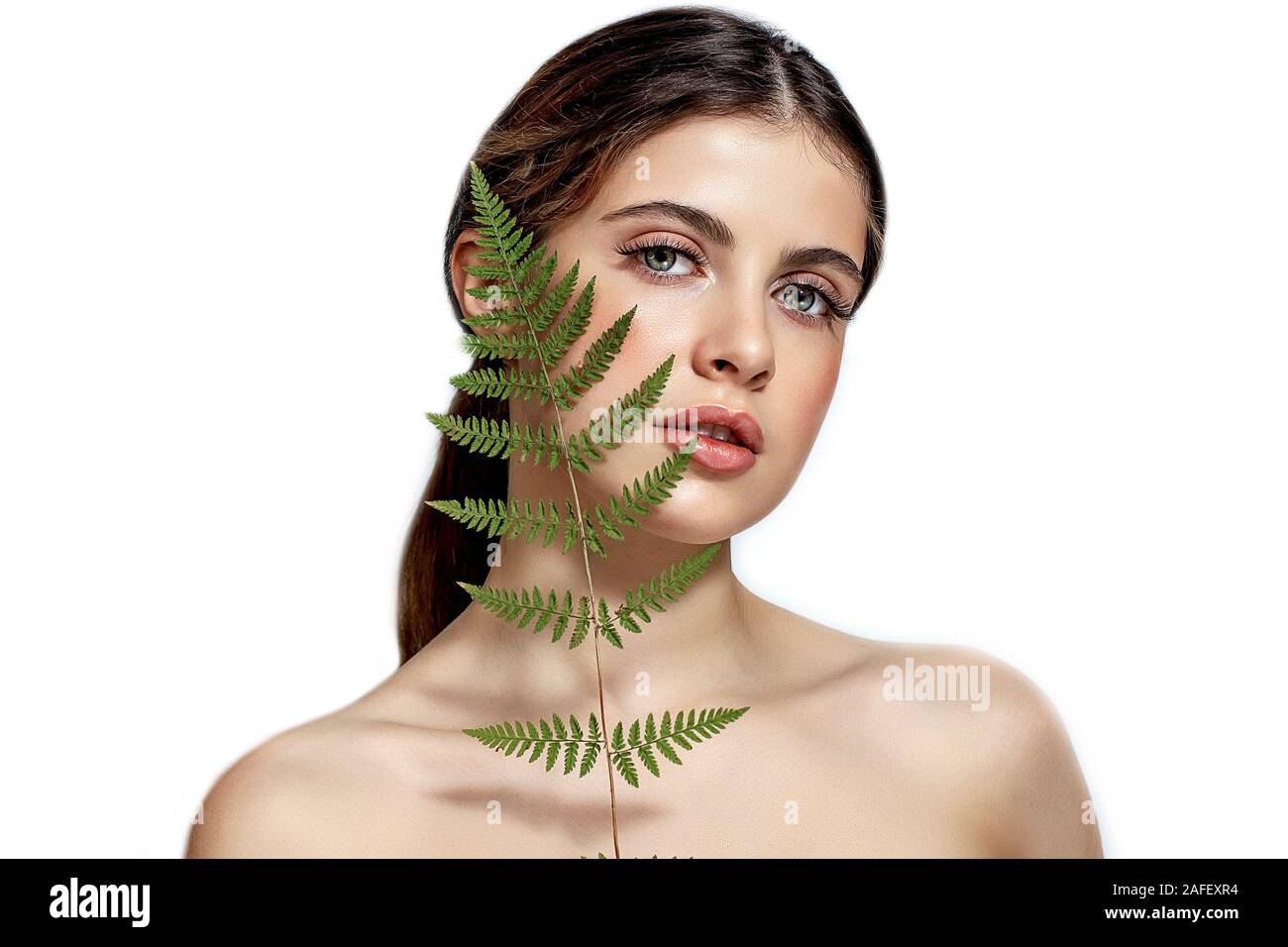 Portrait of an adult brunette woman on a white background with green fern, skin care concept, beautiful skin and hands with nail manicure. Stock Photo
