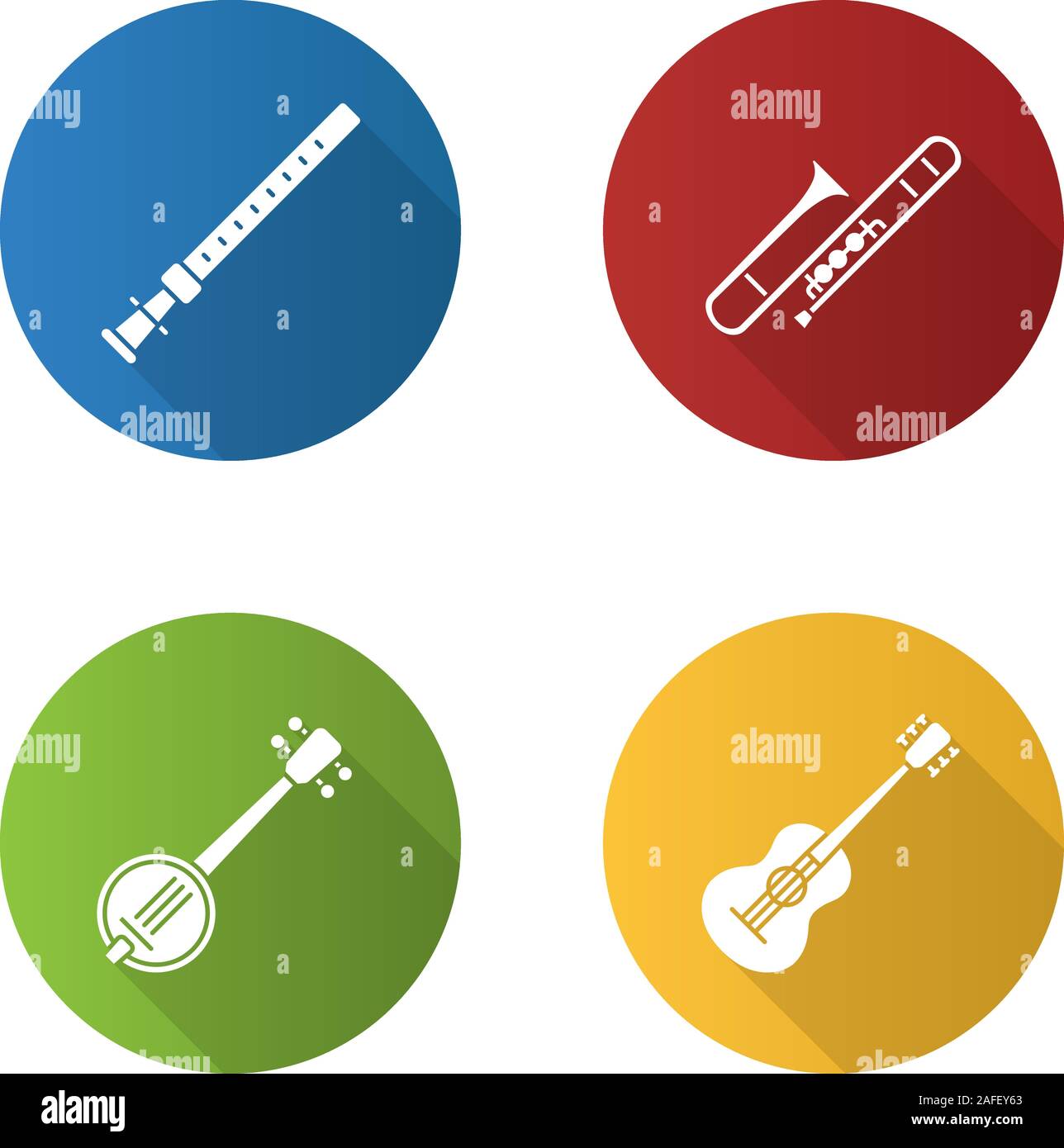 Musical instruments flat design long shadow glyph icons set. Duduk, guitar, banjo, trombone. Vector silhouette illustration Stock Vector