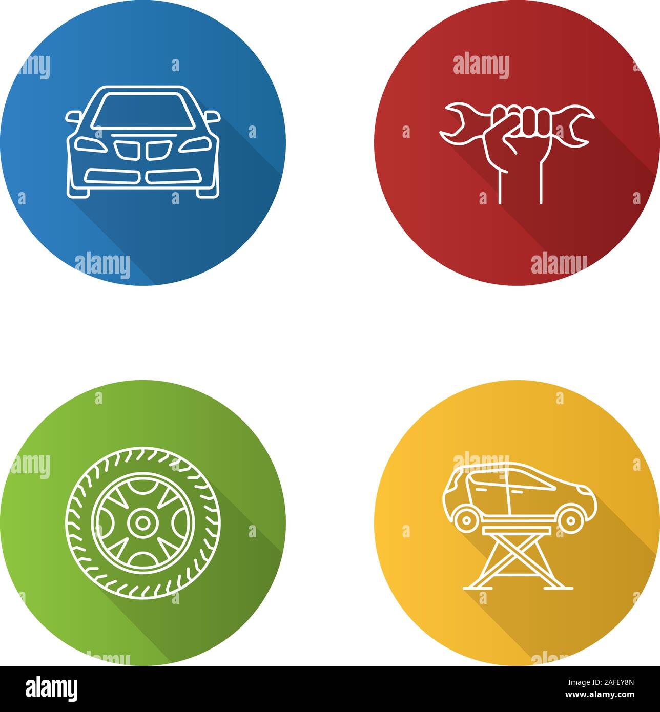 Auto workshop flat linear long shadow icons set. Car, wrench in hand ...