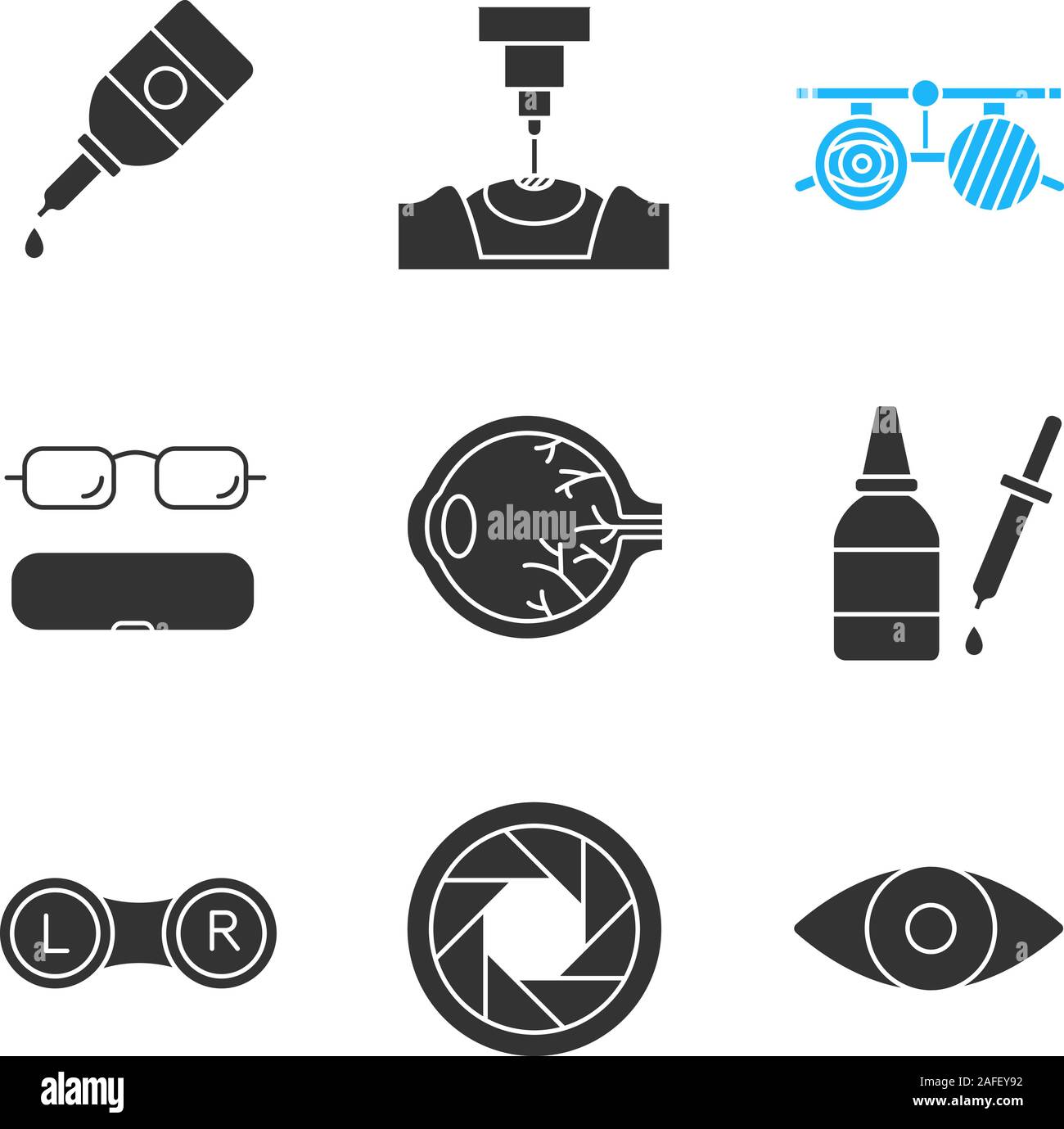 Ophtalmology glyph icons set. Eye drops and dropper, laser surgery ...