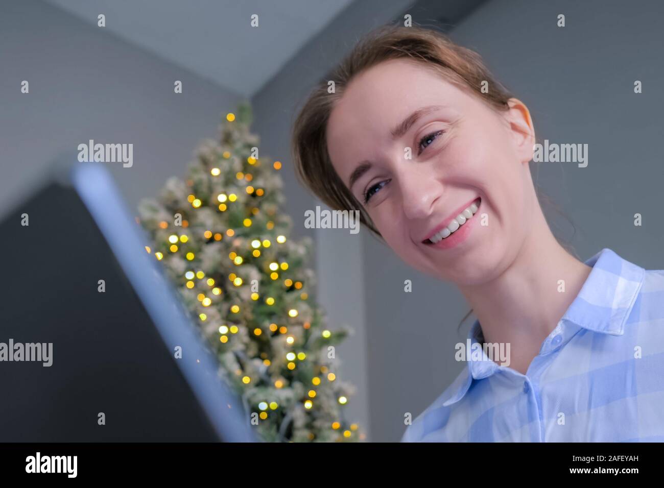 Woman using laptop, having video chat, job interview or distant consultation Stock Photo