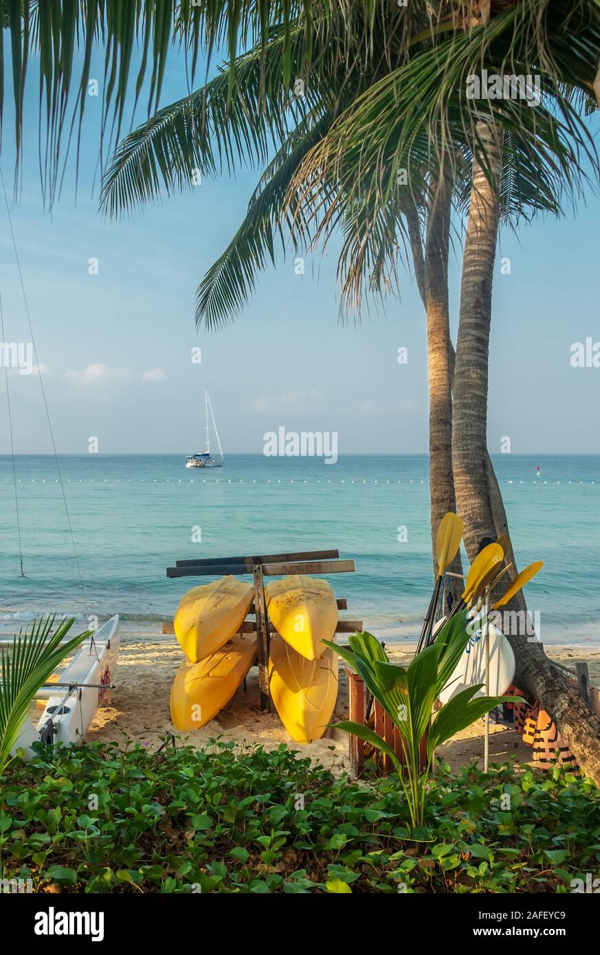 Pile of yellow kayaks on a tropical beach Stock Photo - Alamy