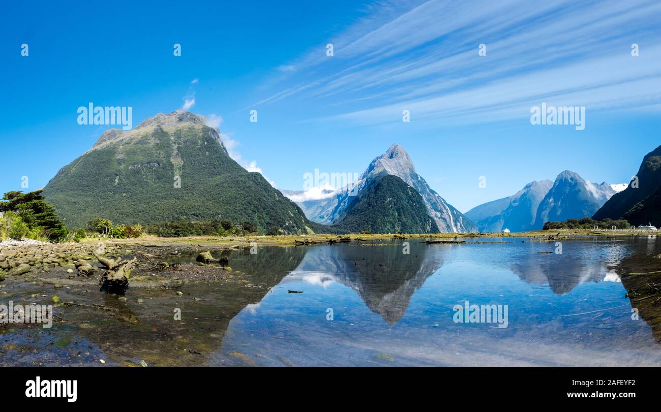 Milford sound panorama on New Zealand’s South Island Stock Photo