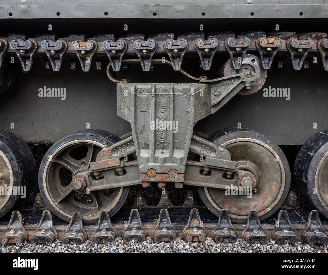 Detail of the wheels and track of a Sherman WWII tank Stock Photo