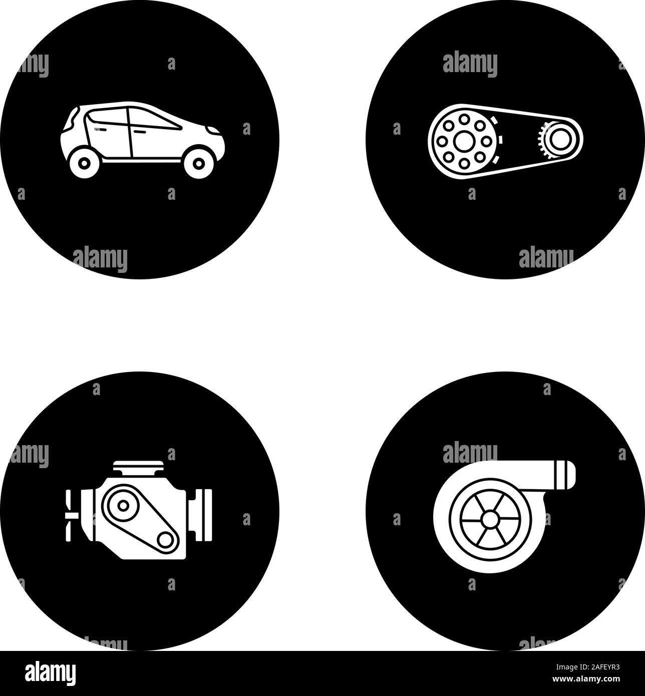 Auto workshop glyph icons set. Car, sprocket wheel, engine, turbocharger. Vector white silhouettes illustrations in black circles Stock Vector