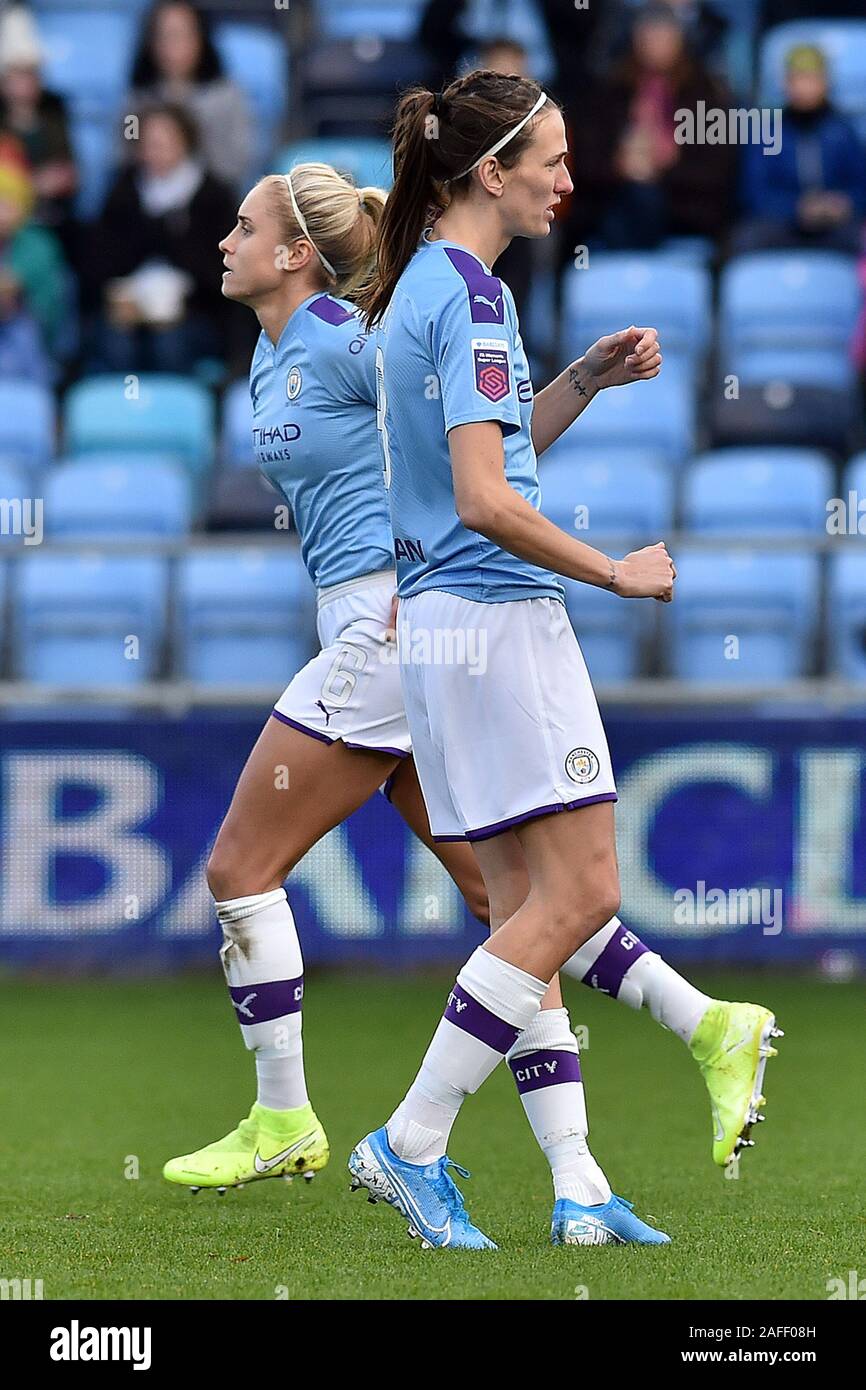 Manchester, UK. 15th Dec, 2019. MANCHESTER, ENGLAND - DECEMBER 15TH Steph Houghton of Manchester City celebrates opening the scoring during the Barclays FA Women's Super League match between Manchester City and Brighton and Hove Albion at the Academy Stadium, Manchester on Sunday 15th December 2019. (Credit: Eddie Garvey | MI News) Photograph may only be used for newspaper and/or magazine editorial purposes, license required for commercial use Credit: MI News & Sport /Alamy Live News Stock Photo