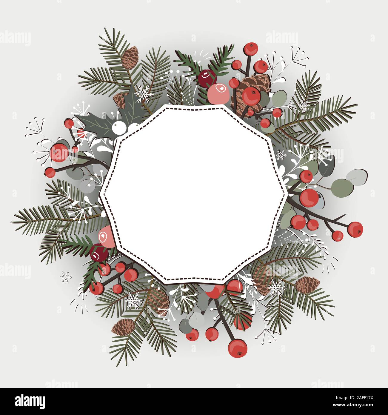 Beautiful Christmas decorative wreath greeting card. Pine branches, berries, ilex, cedar cones isolated on white background. Vector illustration Stock Vector