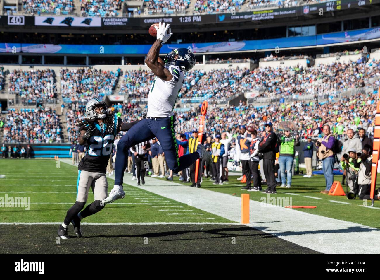 December 15, 2019: Seattle Seahawks wide receiver D.K. Metcalf (14) pulls  in the touchdown against the Carolina Panthers in the first quarter of the  NFL matchup at Bank of America Stadium in