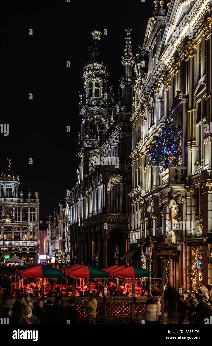 Brussels Old Town, Brussels Capital Region / Belgium - 11 30 2019: View over the Brussels Grand Place with the Christmas decoration colorful lights Stock Photo