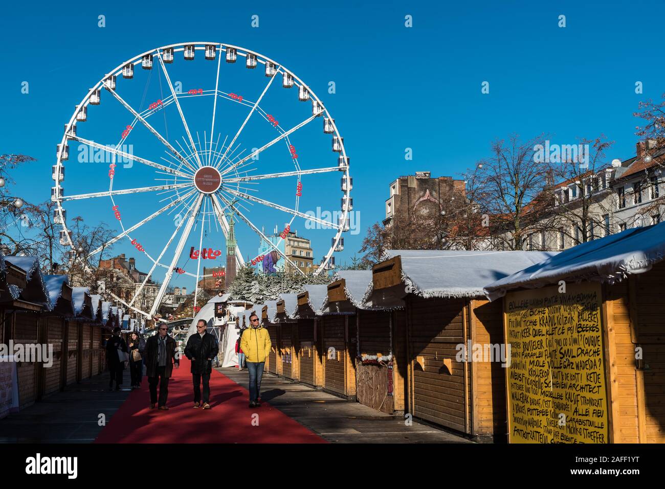 Brussels Old Town, Brussels Capital Region / Belgium - 12 06 2019: The ferris Wheel at the Christmas market at Place Sainte Catherine Stock Photo