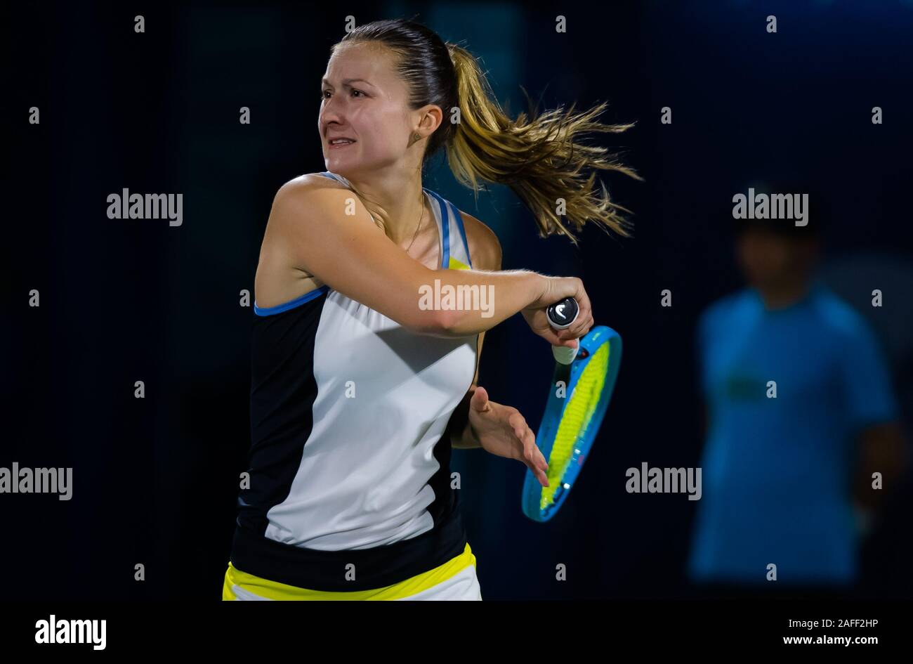 Dalila Jakupovic of Slovenia in action during her second-round match at the 2019 Dubai Duty Free Tennis Championships WTA Premier 5 tennis tournament Stock Photo