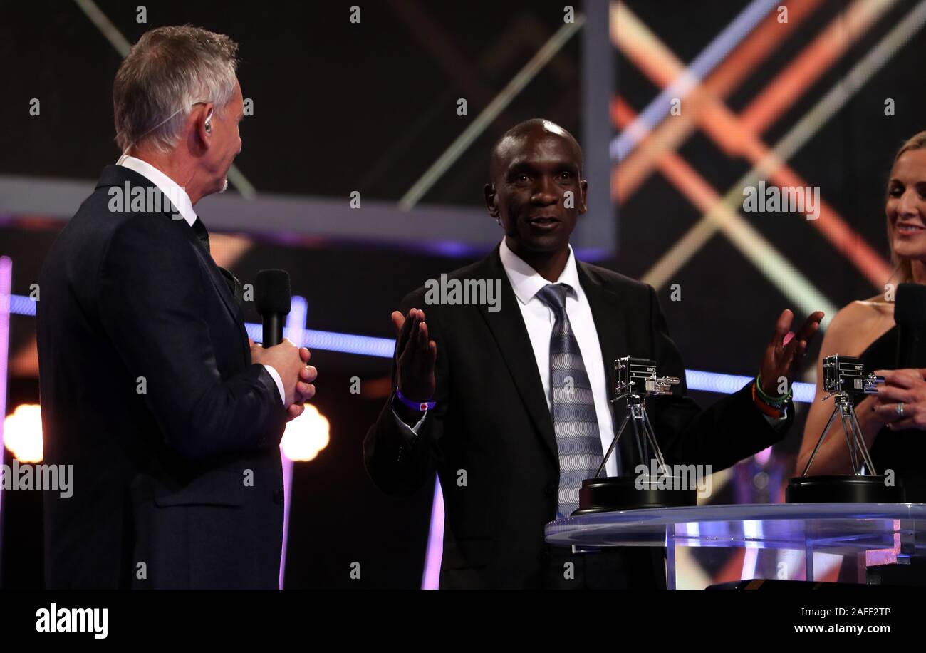 Presenter Gary Lineker (left), BBC SPOTY World Sports Star of the Year Eliud Kipchoge and presenter Gabby Logan during the BBC Sports Personality of the Year 2019 at The P&J Live, Aberdeen. Stock Photo