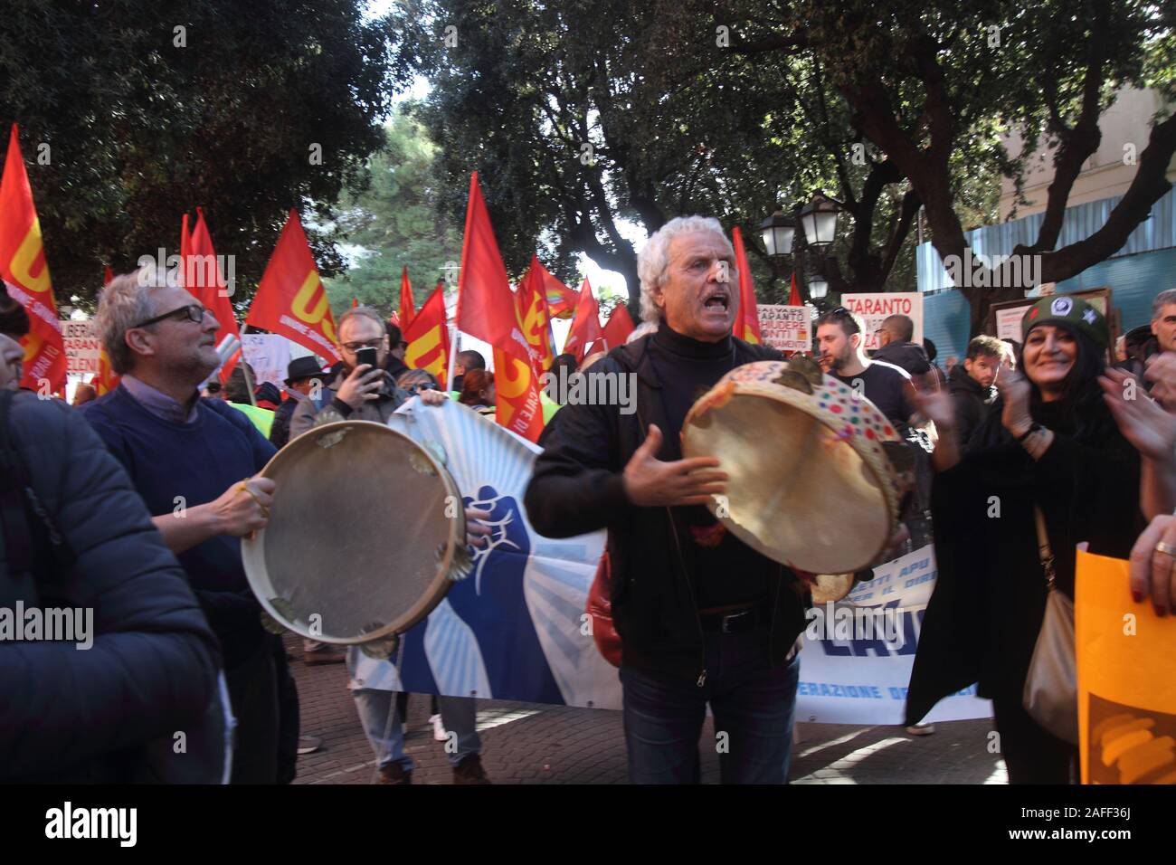 Taranto, Italy - November 29, 2019: Ex Ilva, the USB general strike with protesters and slogans in the city Stock Photo