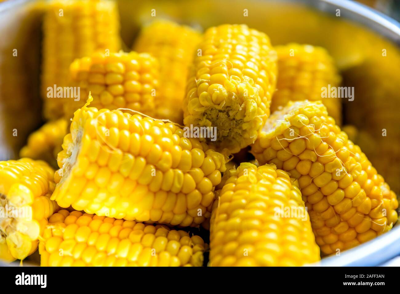 Corn on the cob in a bowl cooked Stock Photo