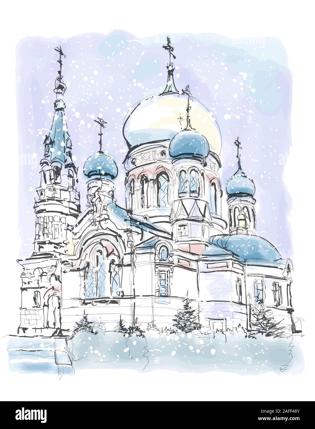 Assumption Cathedral, Omsk in a cold winter. Western Siberia Russia. - vector illustration (Ideal for printing on fabric or paper, poster or wallpaper Stock Vector