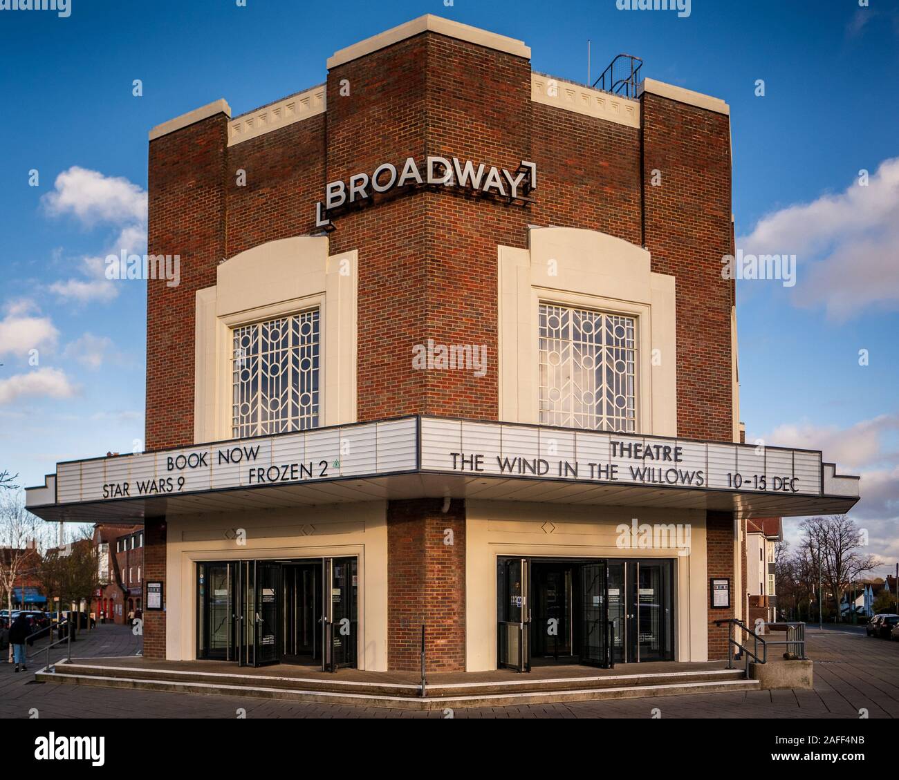 Letchworth Garden City Broadway Cinema and Theatre. Built in 1936 in art deco style. Architects Bennett and Bidwell. Stock Photo