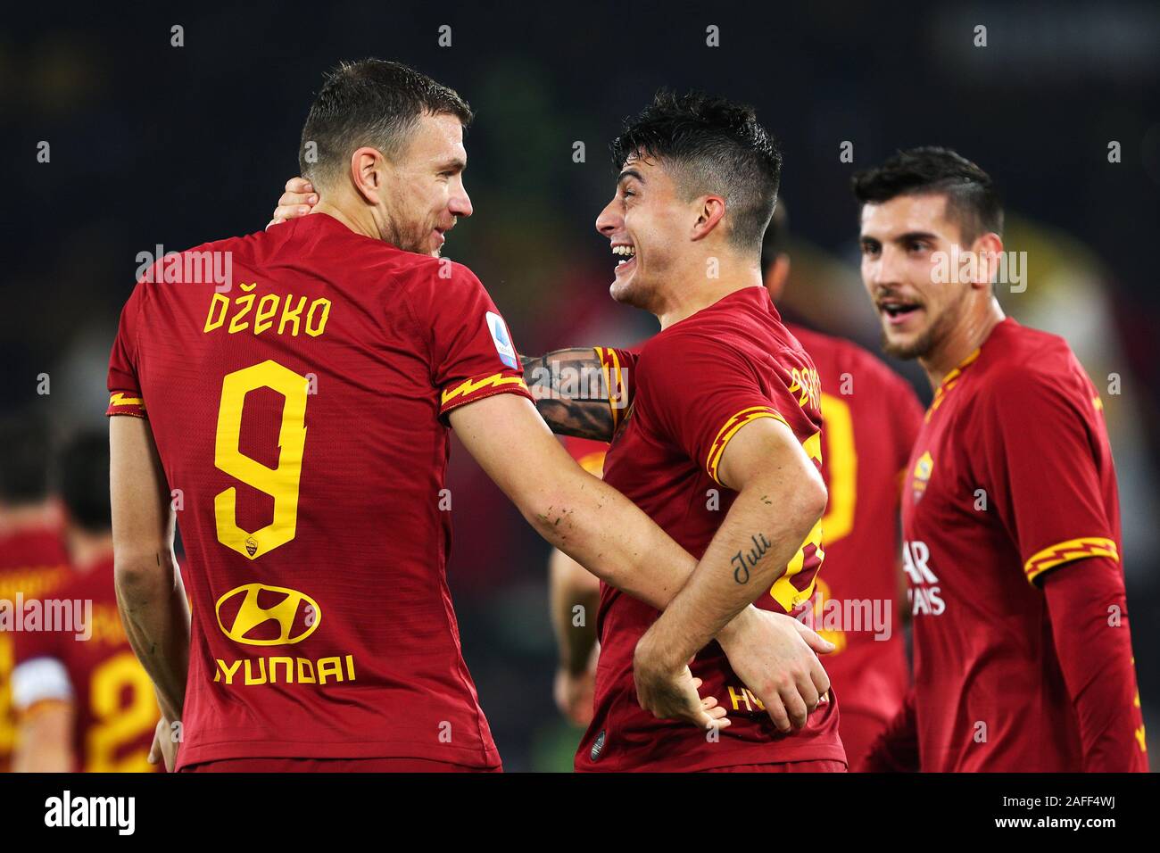 Diego Perotti R Of Roma Celebrates With Edin Dzeko L After Scoring 2 1 Goal During The Italian Championship Serie A Football Match Between As Roma And Spal 13 On December 15 19