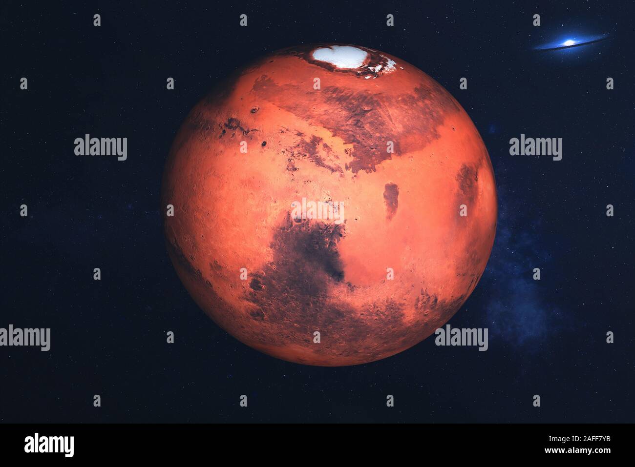Mars planet of solar system in the space with far galaxy on the background. Science fiction. Elements of this image were furnished by NASA Stock Photo
