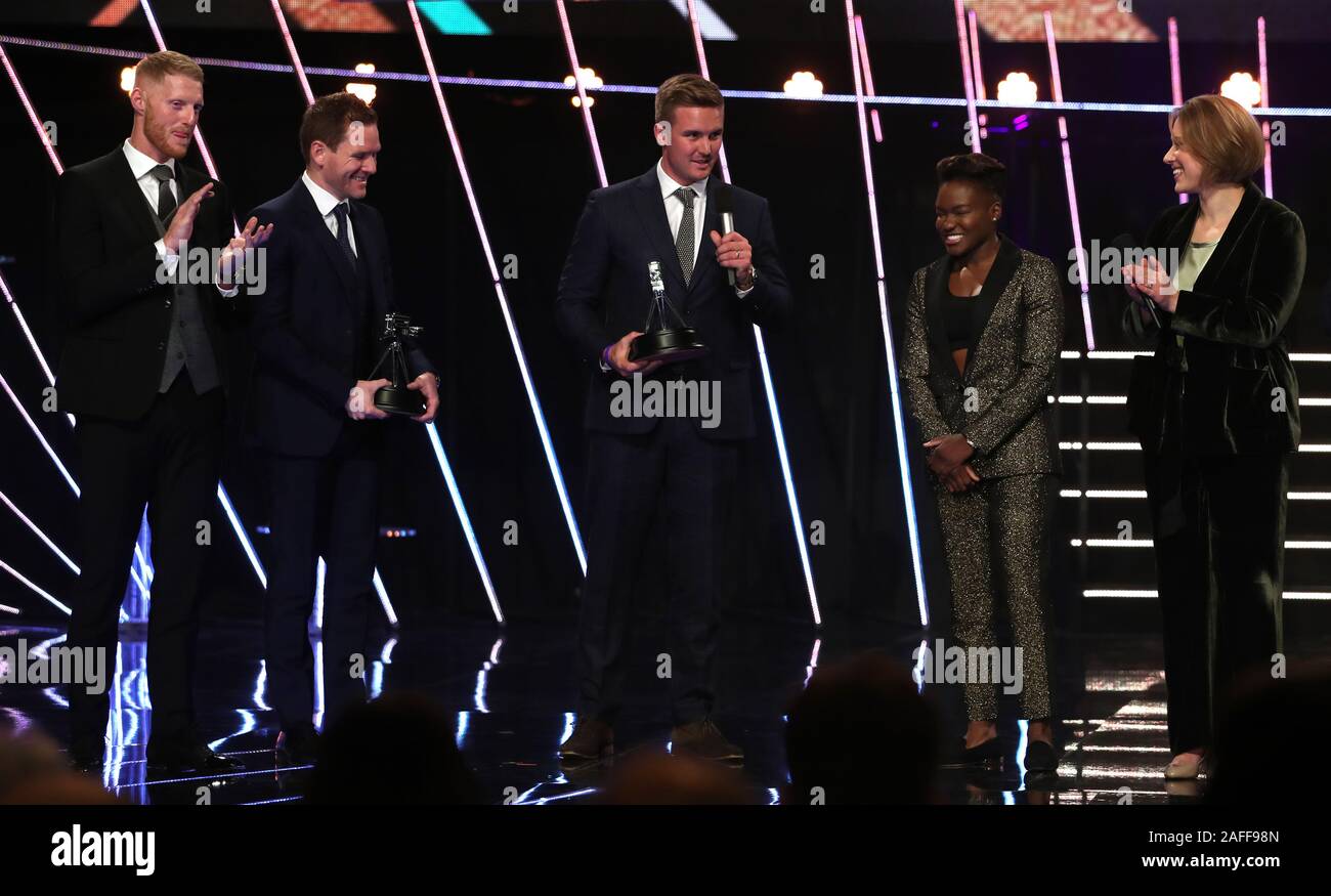 Eoin Morgan (second left) on stage after England receive the Team of