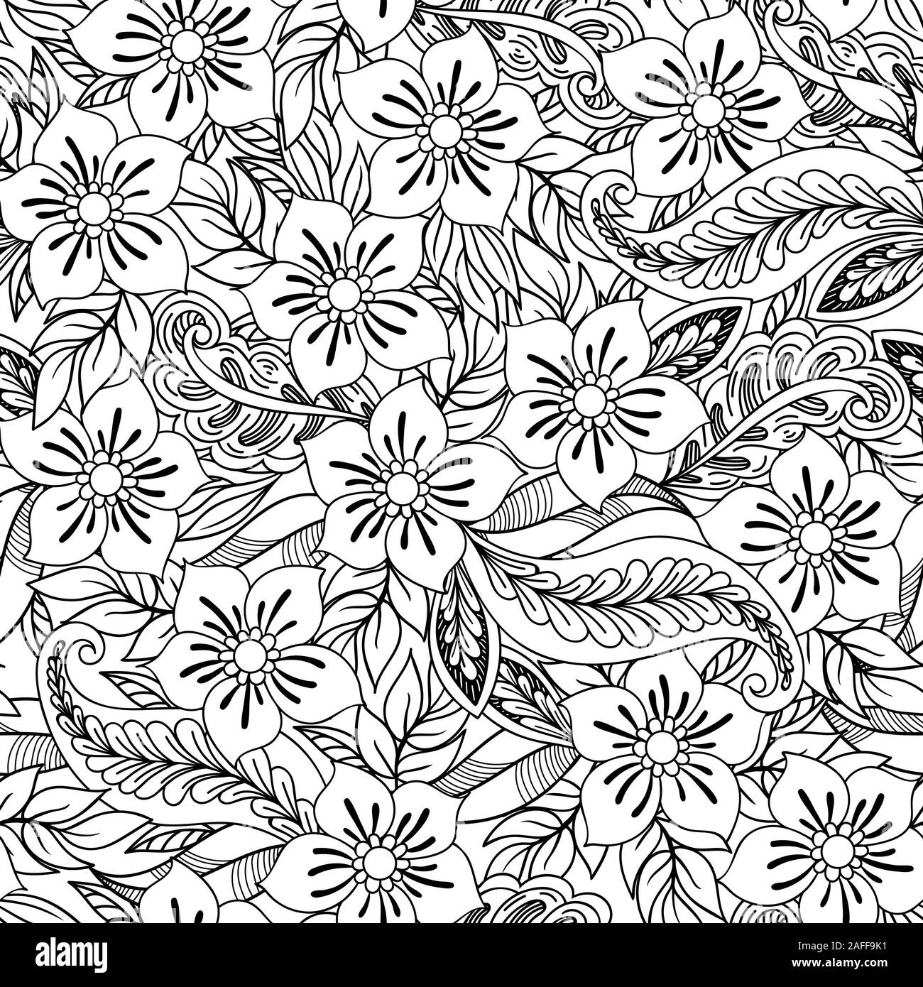 Hand drawn seamless pattern with leaves and flowers. Doodles floral ornament. Black and white decorative elements. Perfect for wallpaper, adult coloring books, web page background, surface textures. Stock Vector