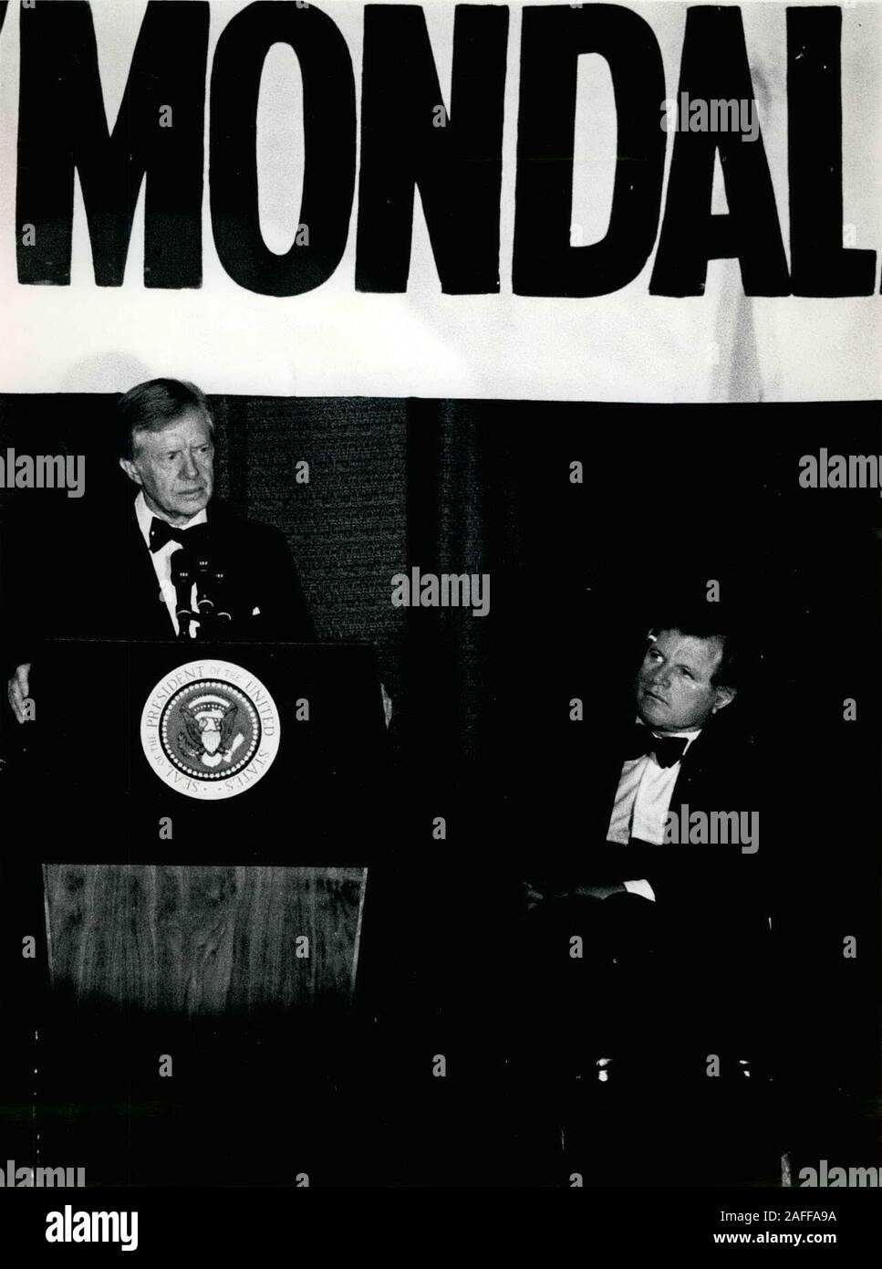 1979 - USA - President JIMMY CARTER, at podium, under a giant sign saying 'Mondale' speaks while US Senator TED KENNEDY listens. Exact date and place unknown. Credit: Keystone Pictures USA/ZUMAPRESS.com/Alamy Live News Stock Photo