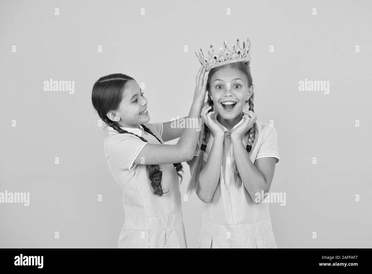 Higher Standard Vintage Girls In Gold Crown Motivation To Be The Best Small Egoist Girls Imagine They Princess Success Reward Happy Childhood Frienship Prom Queen Retro Look Of Selfish Kids Stock Photo Higher Standard Vintage Girls In Gold Crown Motivation To Be The Best Small Egoist Girls Imagine They Princess Success Reward Happy Childhood Frienship Prom Queen Retro Look Of Selfish Kids Stock Photo