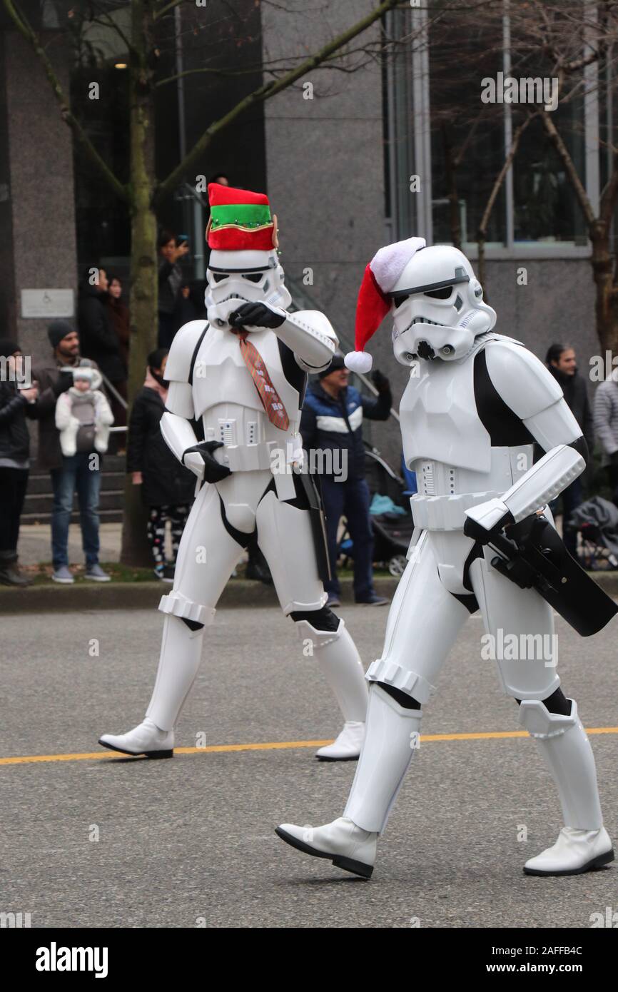 Vancouver, Canada - December 1, 2019: Stormtroopers from Star Wars movies is going Down the street during the annual Santa Claus Parade Stock Photo