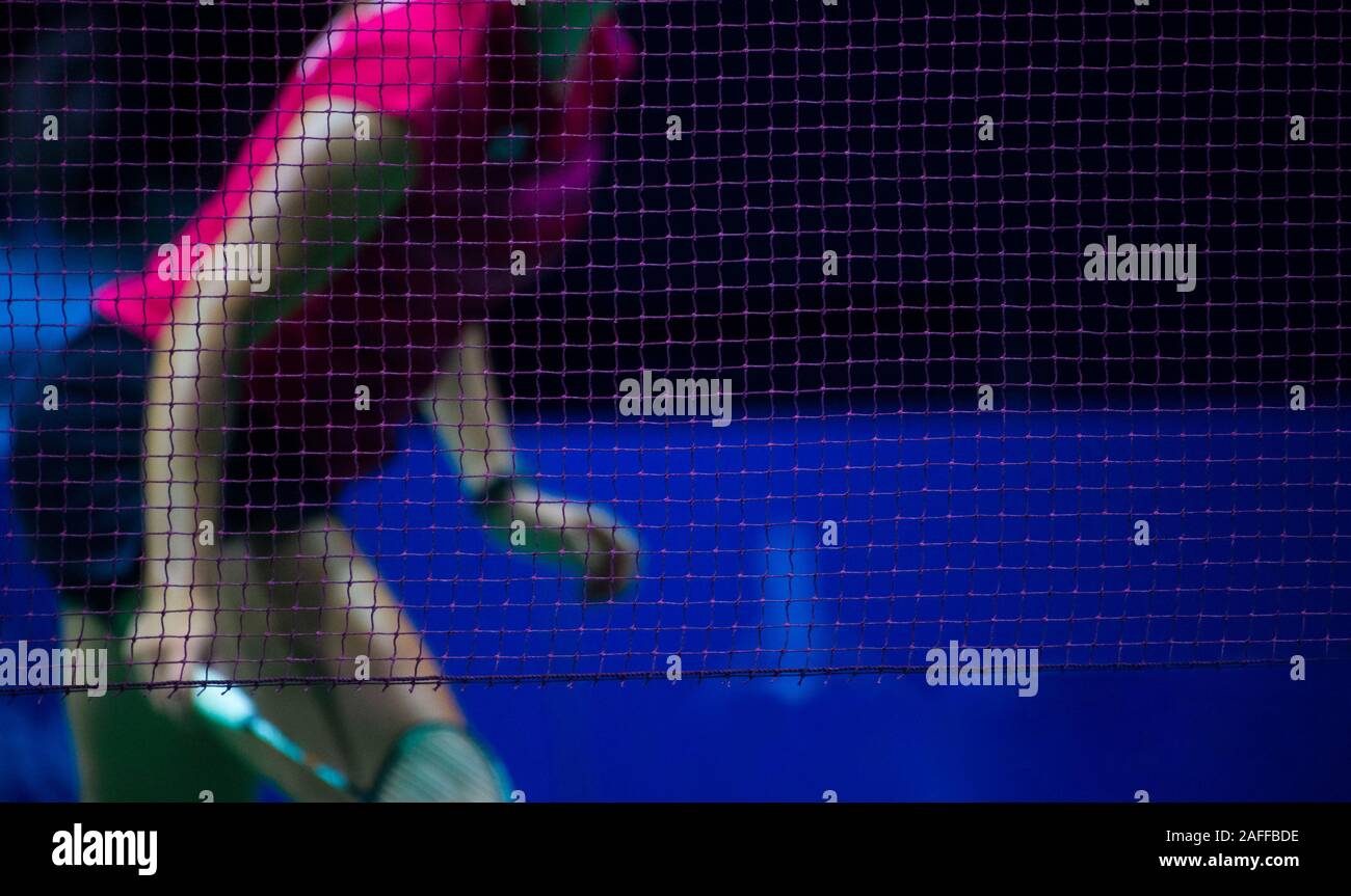 Badminton net indoor on badminton court, closeup view of badminton net