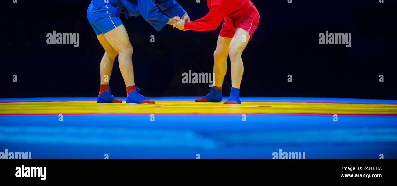Two men in blue and red sambo wrestling on a yellow wrestling carpet in