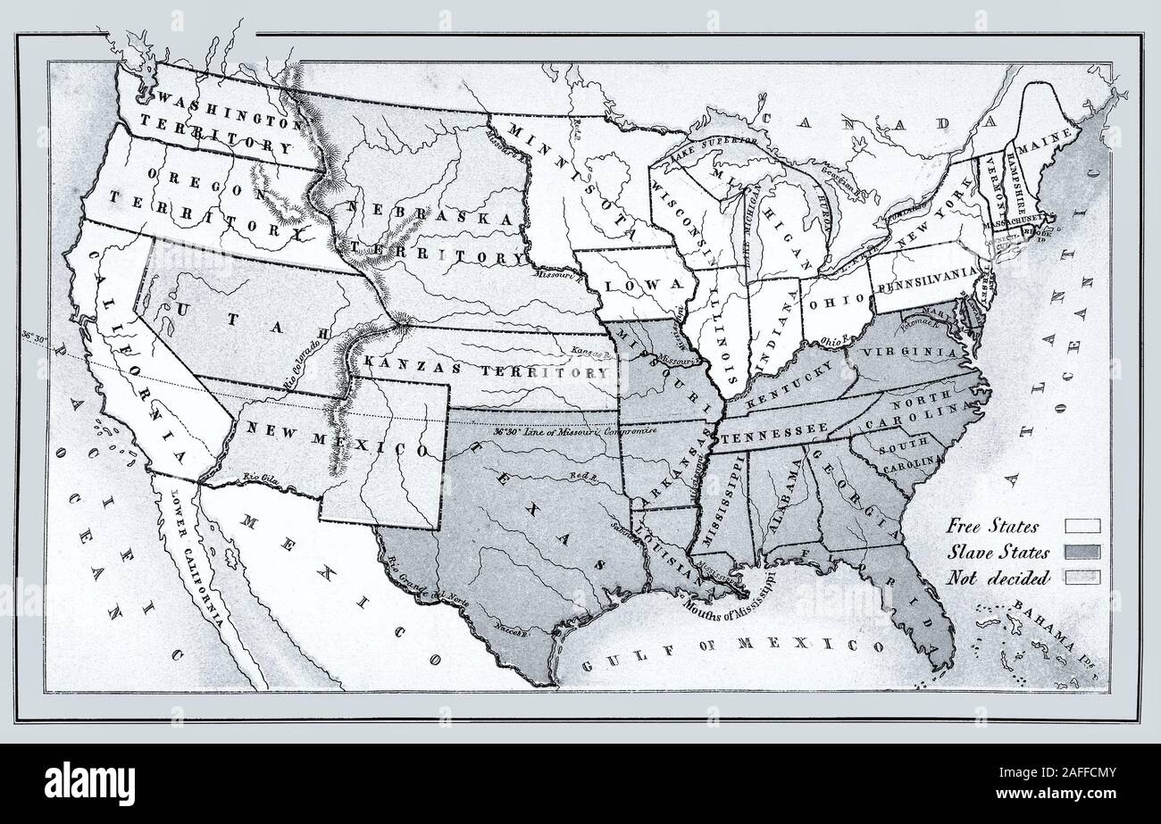 Map of free, slave and undecided states before the Civil War. from 1857, restored reproduction. Stock Photo