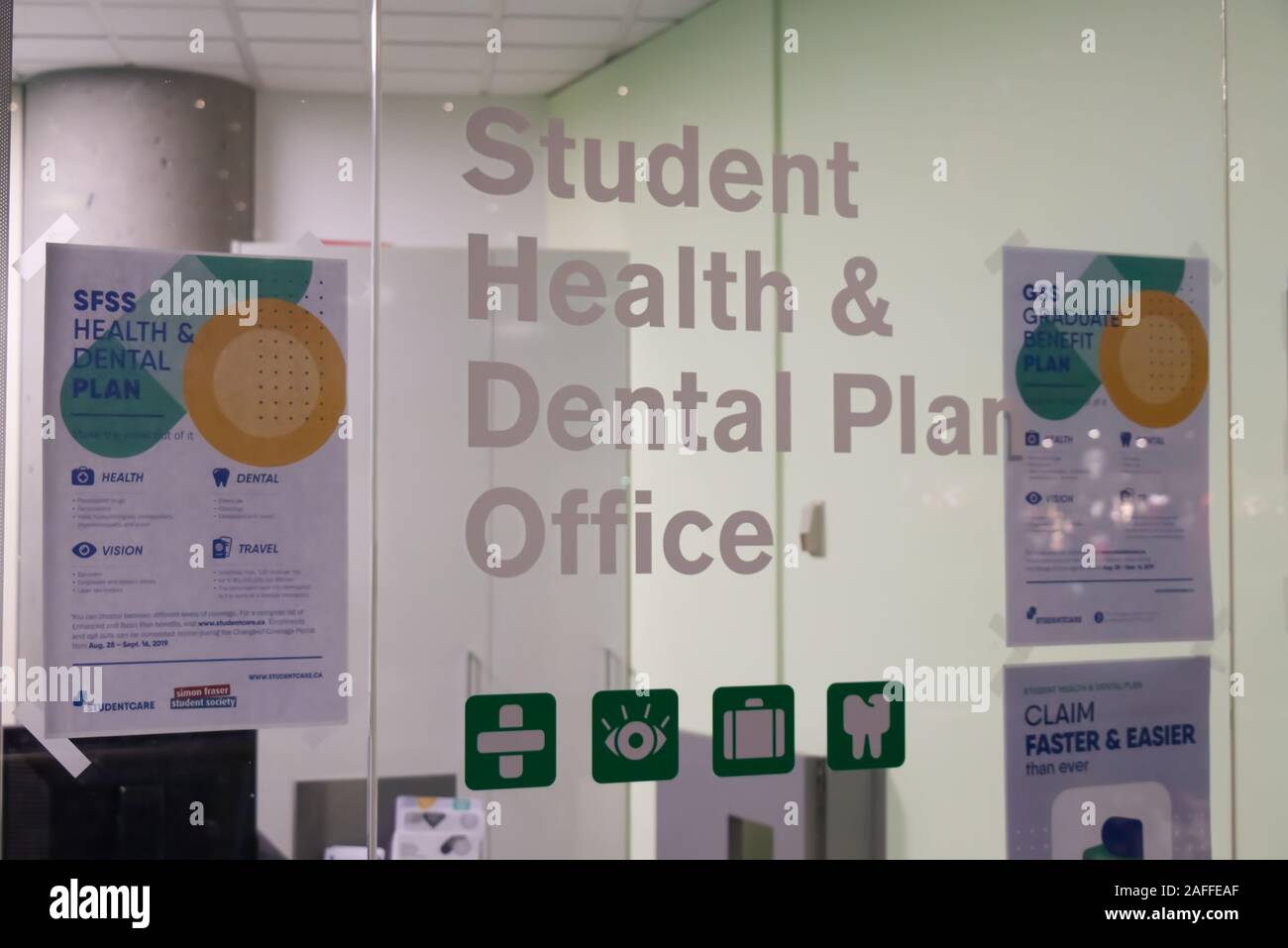Burnaby, Canada - December 11, 2019: A View of sign 'Student Health and Dental Plan Office' at Simon Fraser University Campus Stock Photo