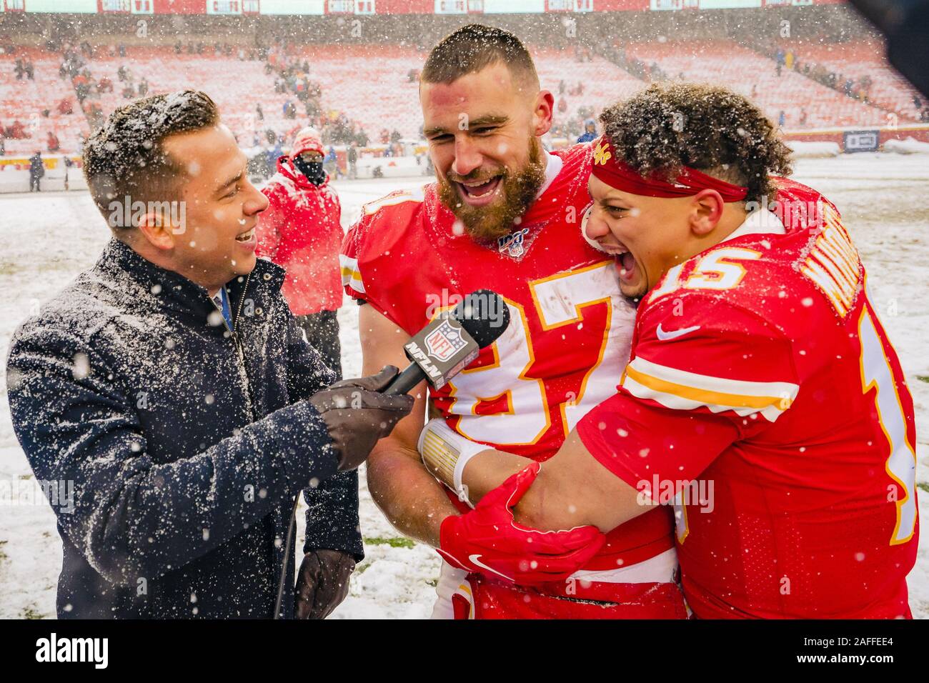 Kansas City, United States. 15th Dec, 2019. Kansas City Chiefs players  celebrate after defeating the Denver Broncos at Arrowhead Stadium in Kansas  City, Missouri on Sunday, December 15, 2019. Photo by Kyle