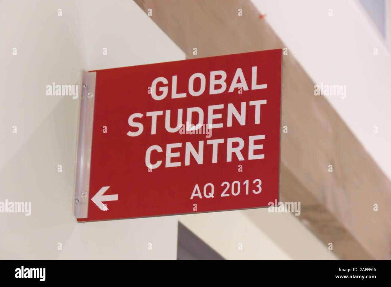 Burnaby, Canada - December 11, 2019: View of sign 'Global Student Centre' in Simon Fraser University Campus Stock Photo